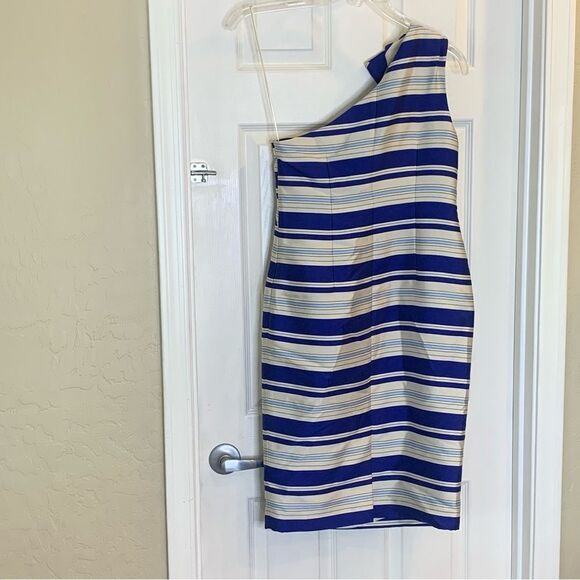 BANANA REPUBLIC Blue Striped One Shoulder Cascading Bow Midi Dress Size 4 - Picture 10 of 14